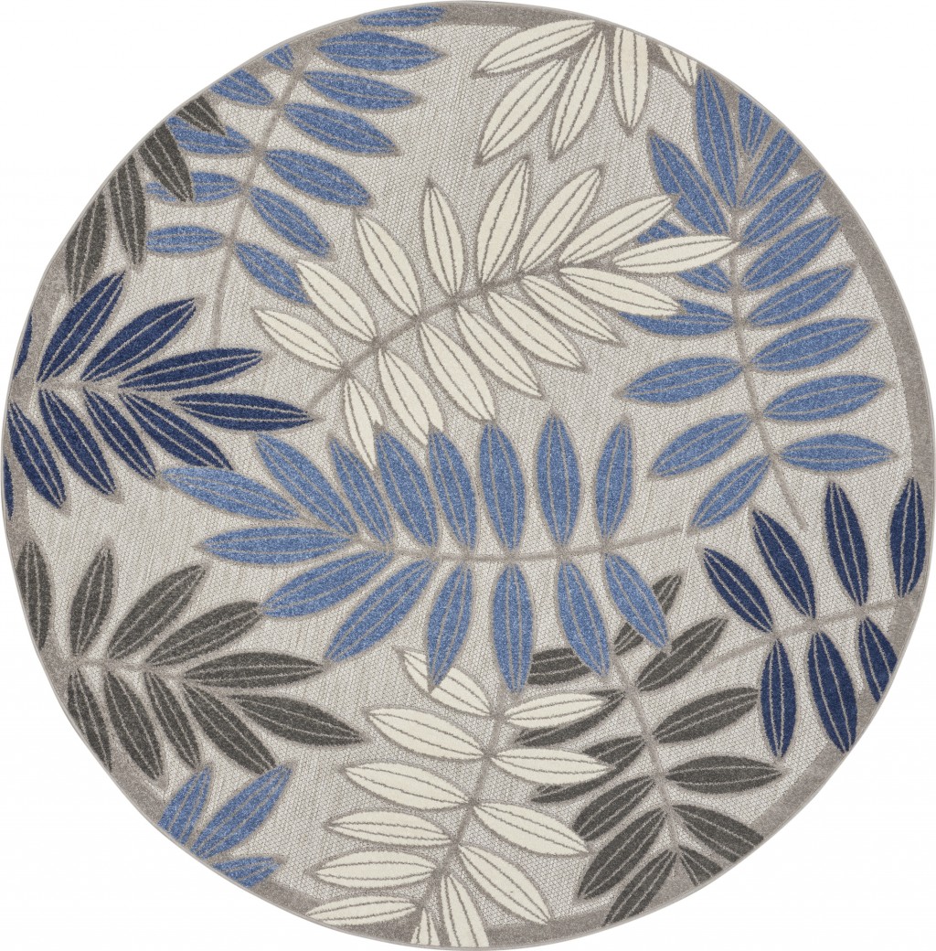 8 Round Gray and Blue Leaves Indoor Outdoor Area Rug