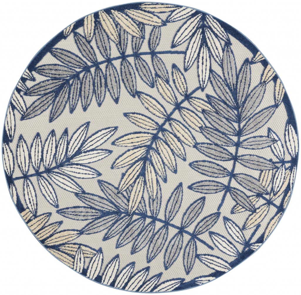 4 Round Ivory and Navy Leaves Indoor Outdoor Area Rug