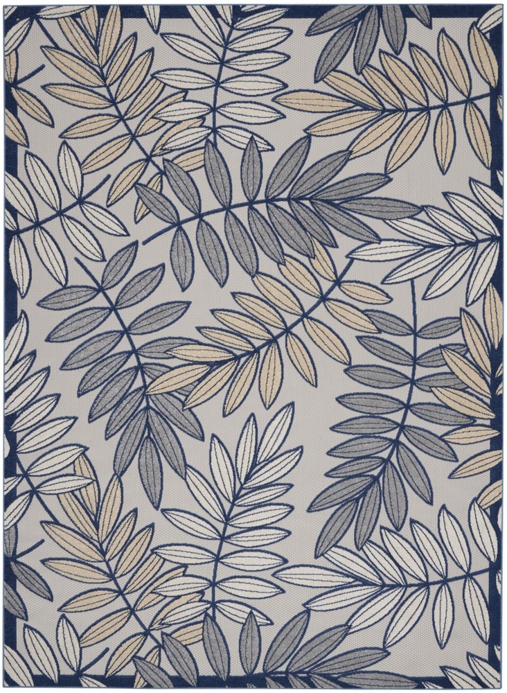 8 x 11' Ivory and Navy Leaves Indoor Outdoor Area Rug