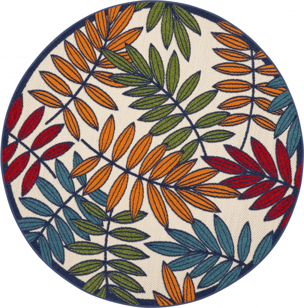 5 Round Multicolored Leaves Indoor Outdoor Area Rug