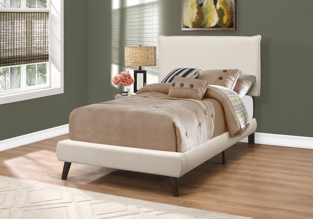 47.25" Beige Solid Wood MDF Foam and Linen Twin Sized Bed with Wood Legs