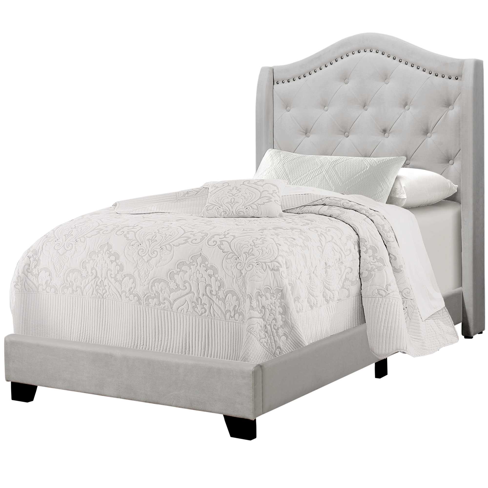 45.75" x 82.75" x 56.5" Light Grey Foam Solid Wood Velvet Twin Size Bed With A Chrome Trim