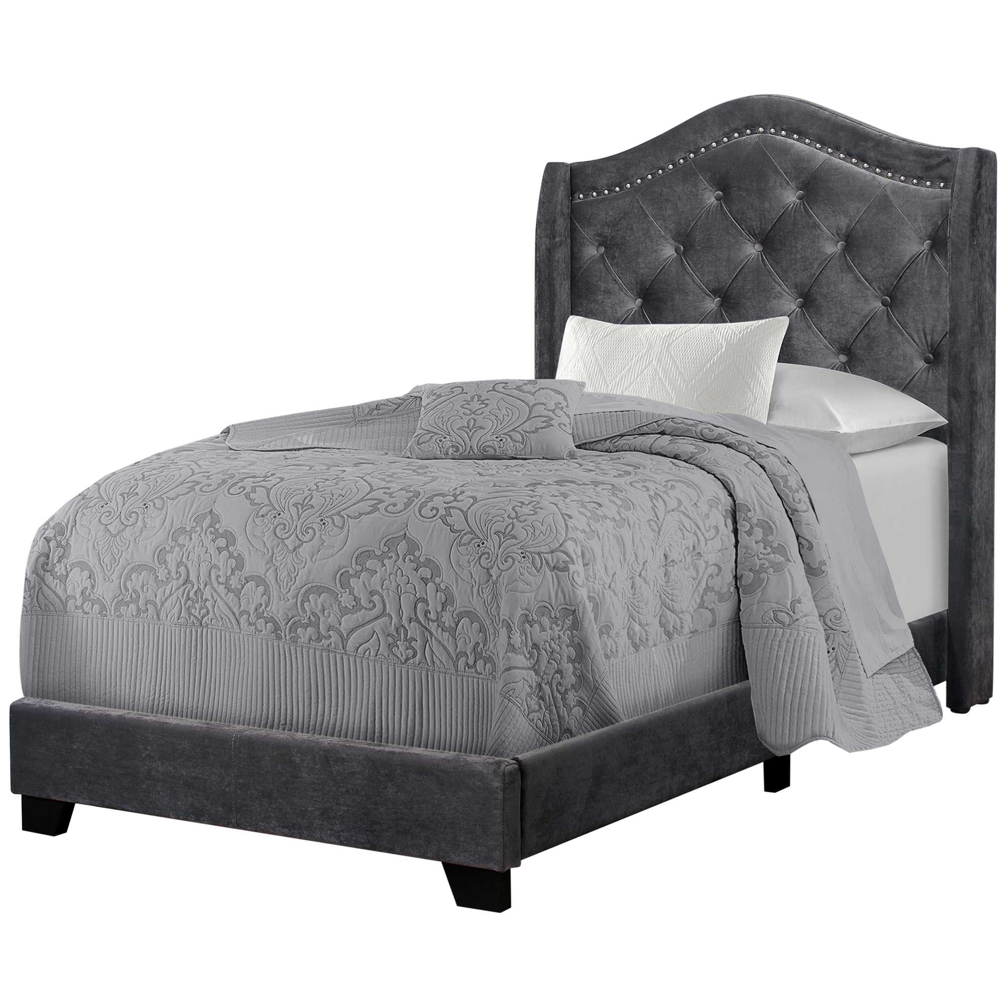 45.75" x 82.75" x 56.5" Dark Grey Foam Solid Wood Velvet Twin Size Bed With A Chrome Trim