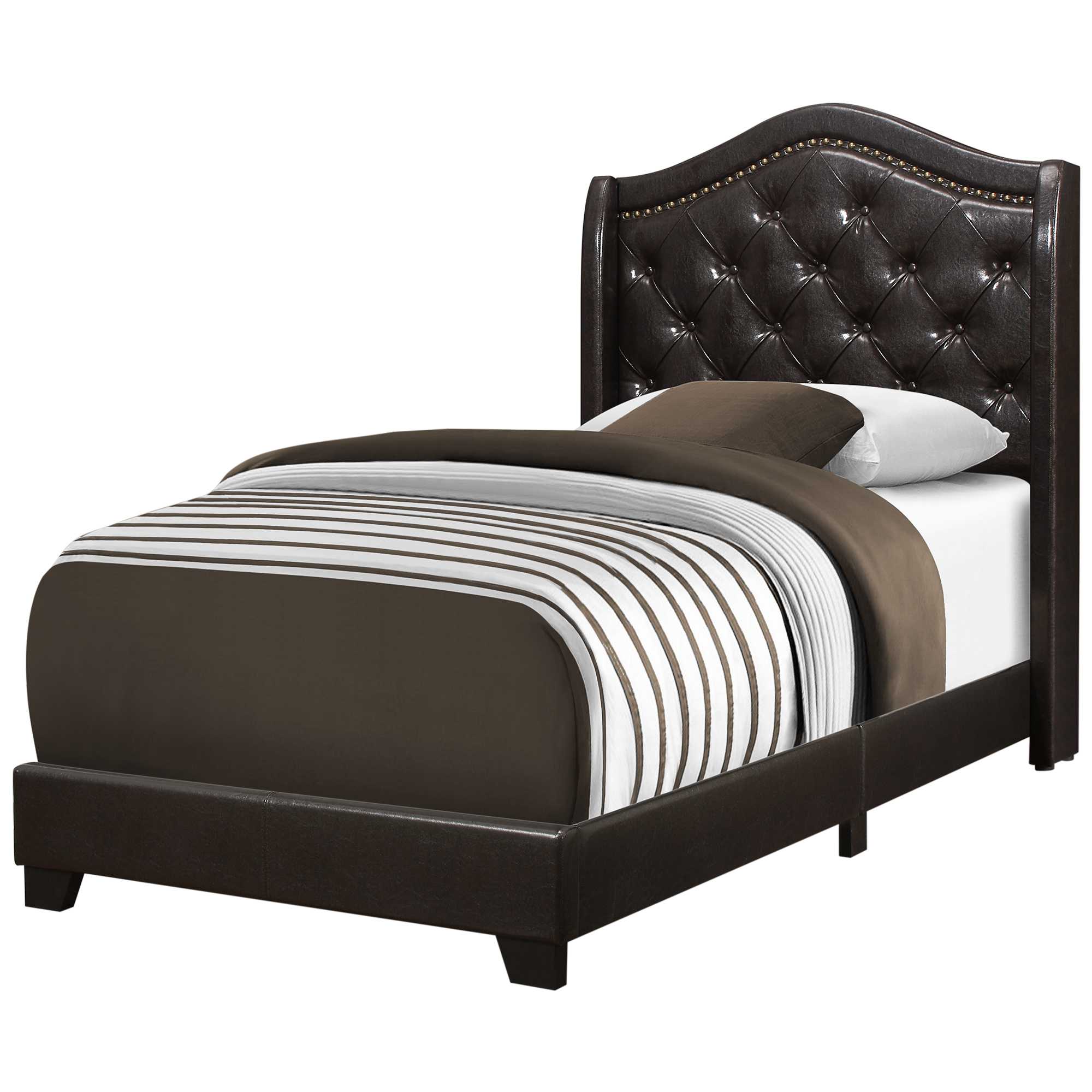 45.75" x 82.75" x 56.5" Brown Foam Solid Wood Leather Look Linen Twin Size Bed With A Brass Trim