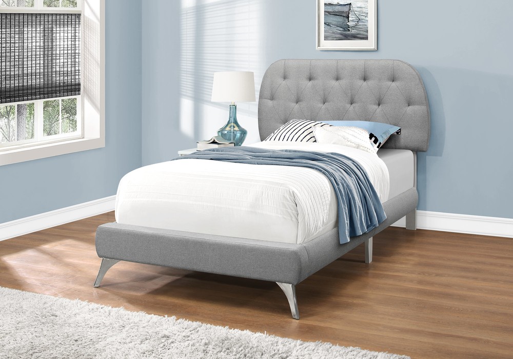 45.25" Solid Wood MDF Foam and Linen Twin Sized Bed with Chrome Legs