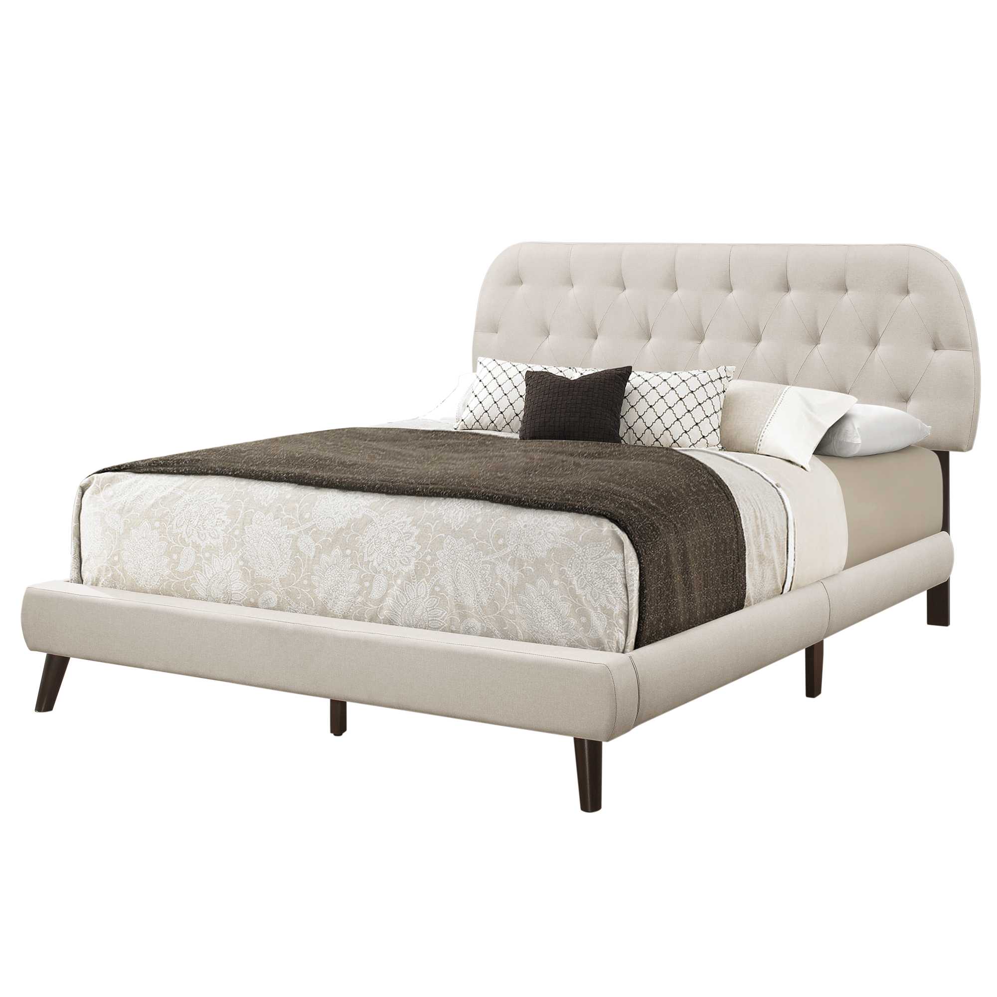 70.5" x 87.25" x 45.25" Beige Foam Solid Wood Linen Queen Sized Bed With Wood Legs