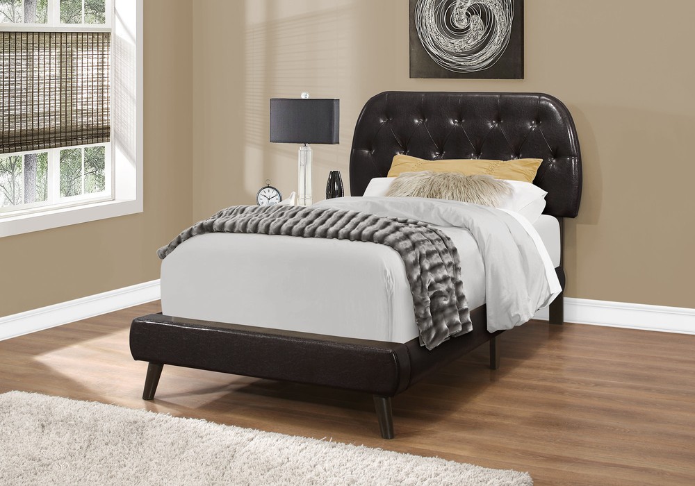 45.25" Brown Solid Wood MDF Foam and Linen Twin Sized Bed with Wood Legs
