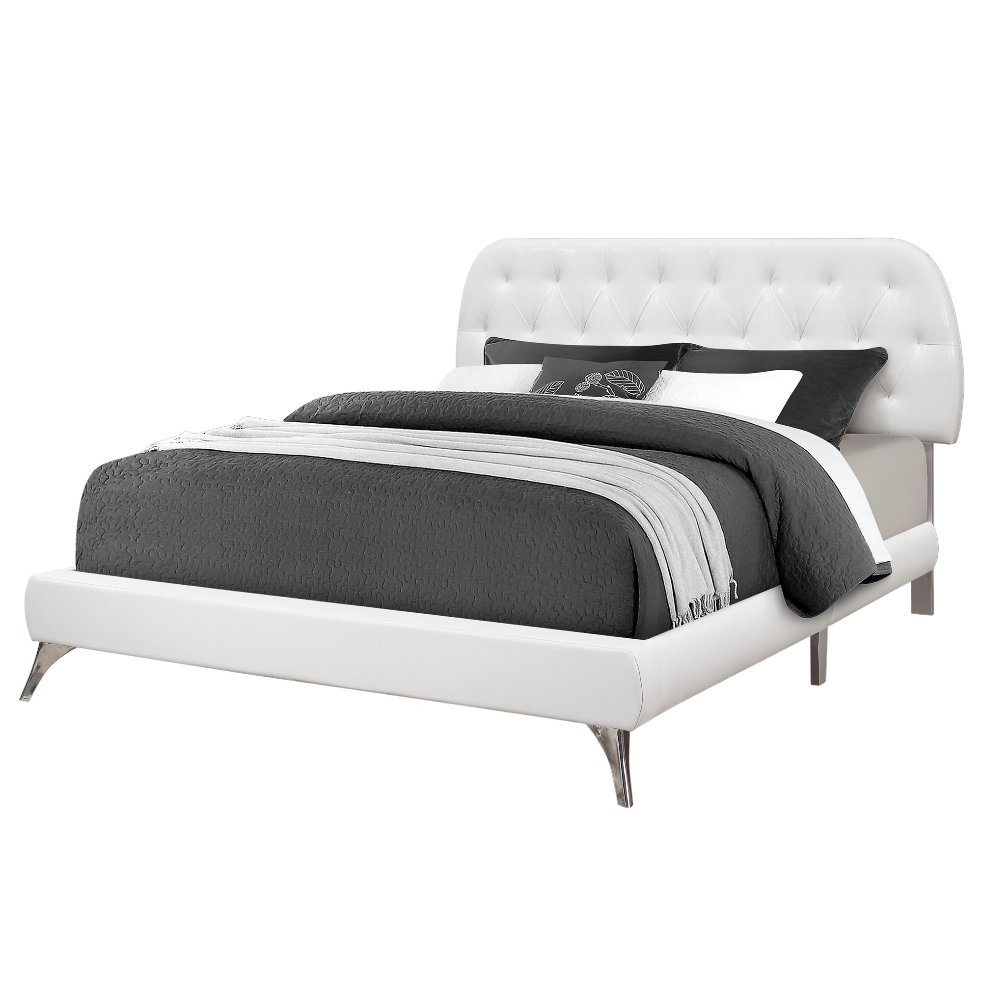 70.5" x 87.25" x 45.25" White Foam Solid Wood Leather Look Queen Sized Bed With Chrome Legs