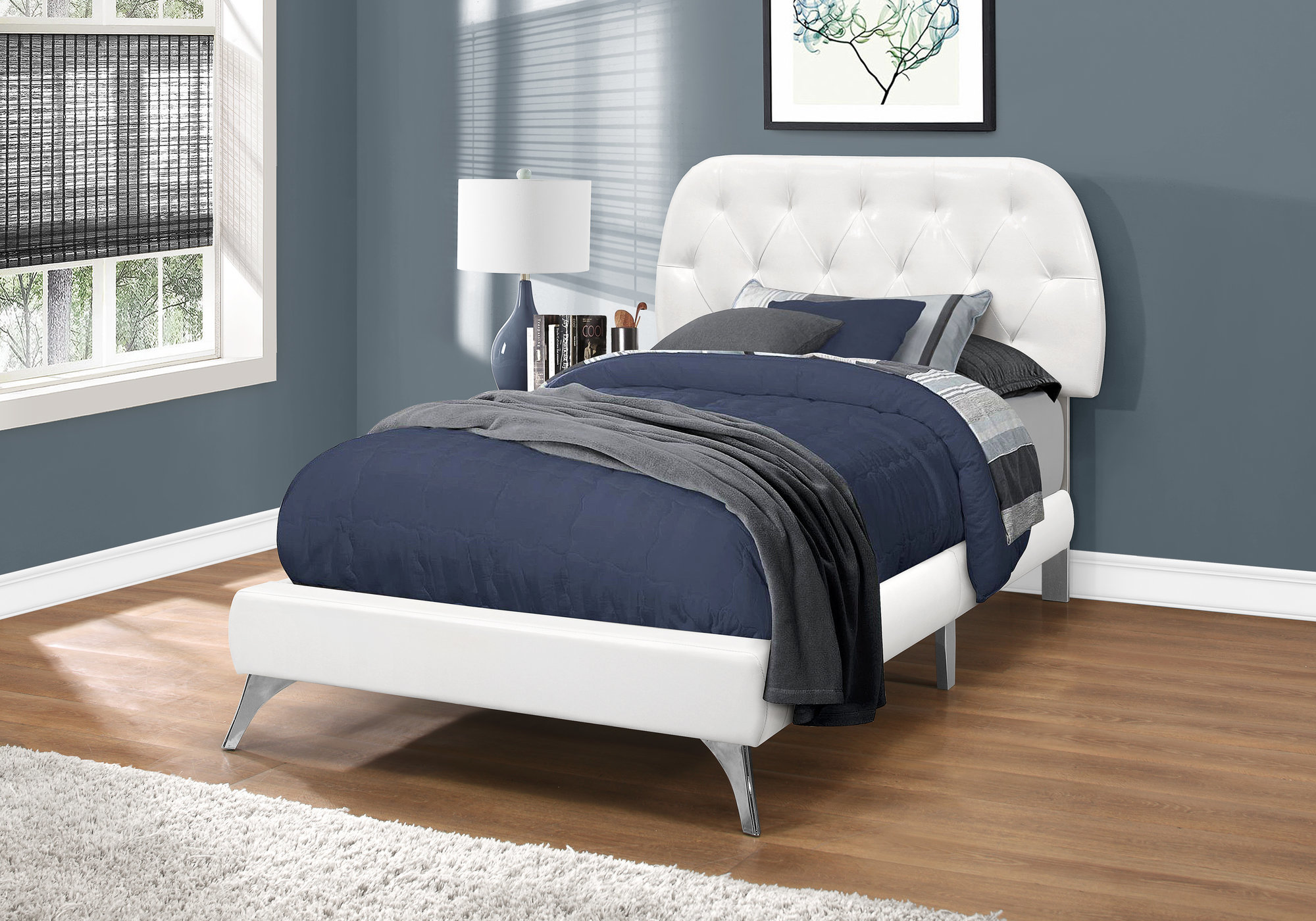 45.25" White Solid Wood MDF Foam and Linen Twin Sized Bed with Chrome Legs