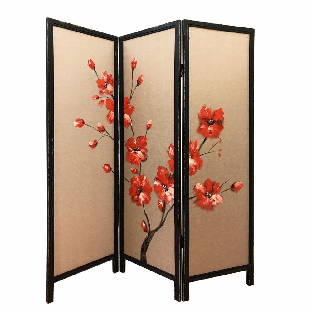 60" x 1" x 63" Brown Fabric And Wood Blooming 3 Panel Screen