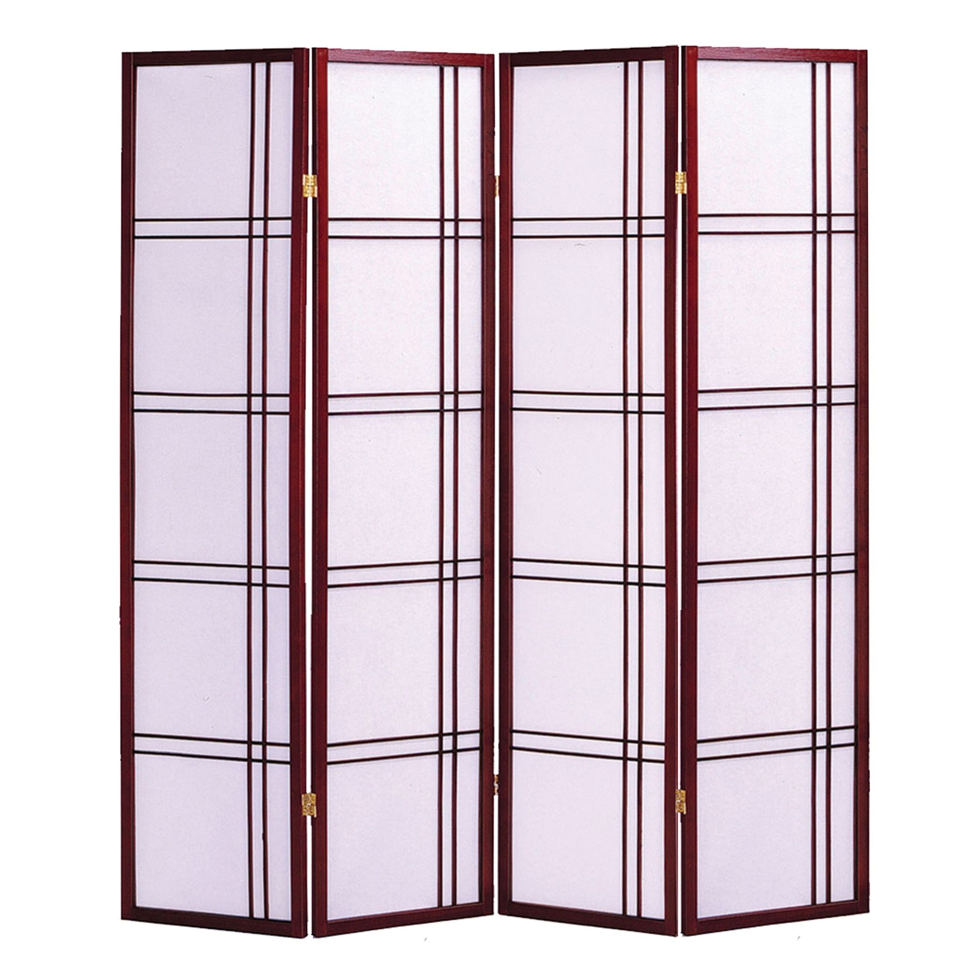 68" x 1" x 70" Traditional Cherry Brown Shoji And Wood 4 Panel Screen
