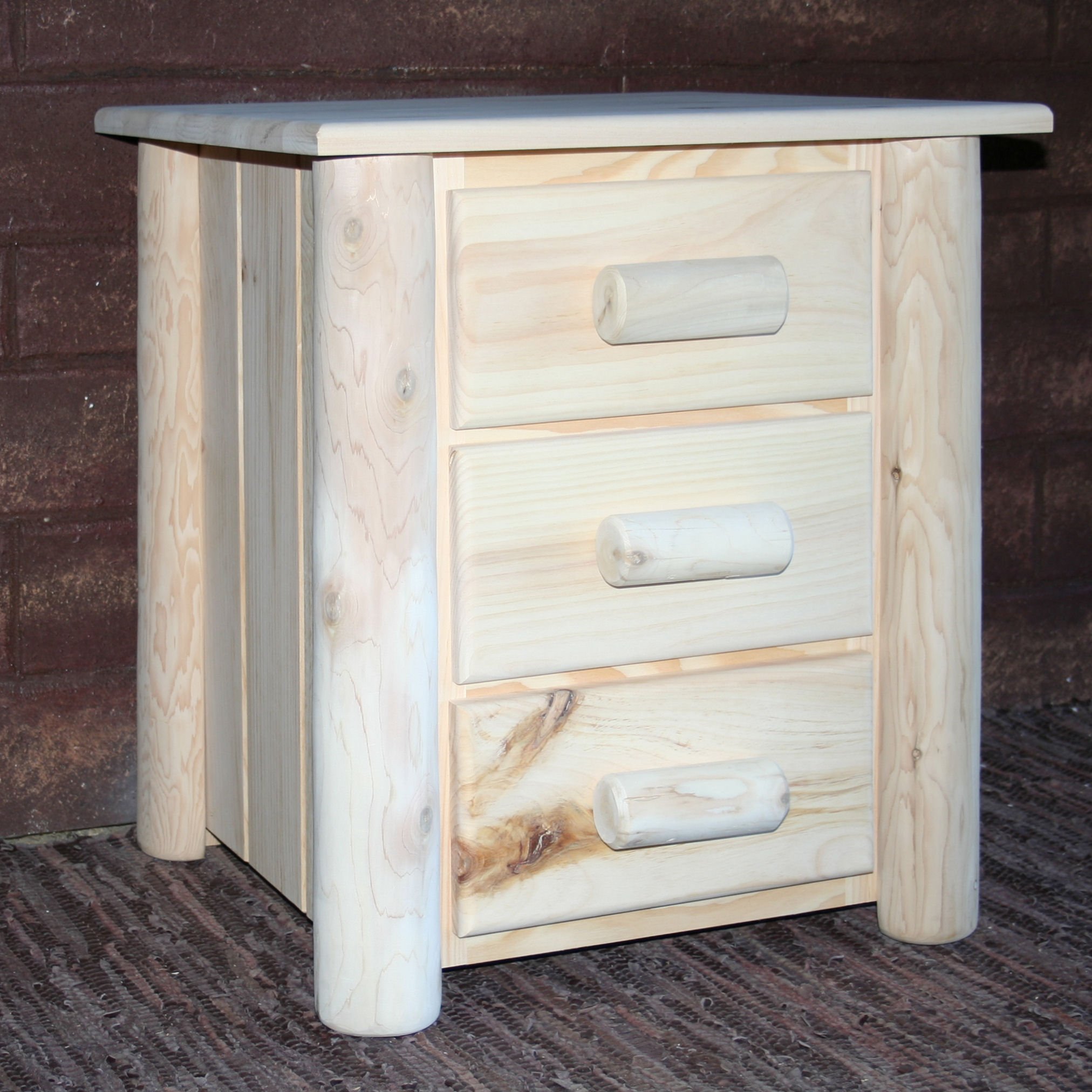 Natural Unfinished Wood Three Drawer Nightstand