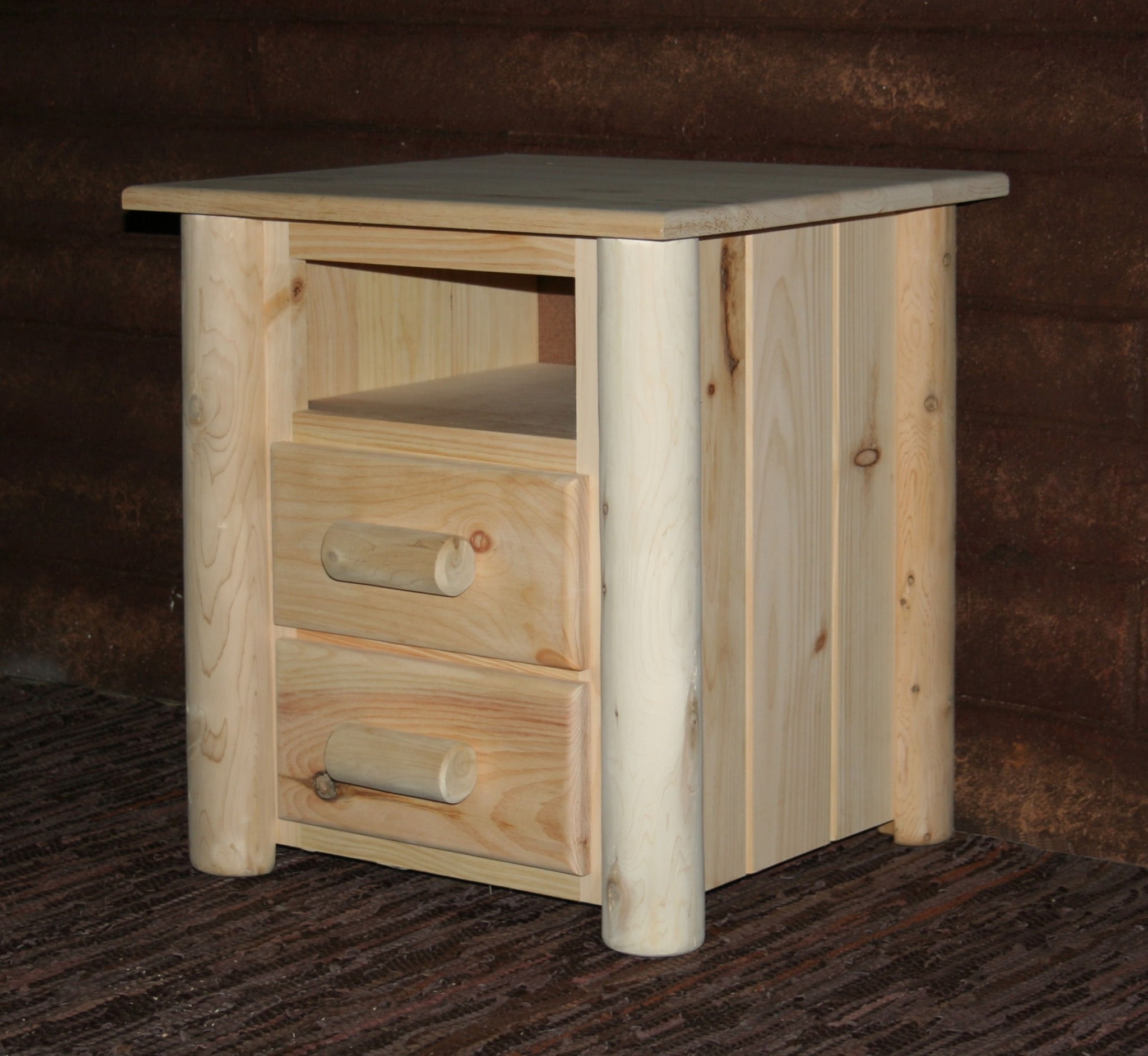 Natural Unfinished Wood Two Drawer Nightstand