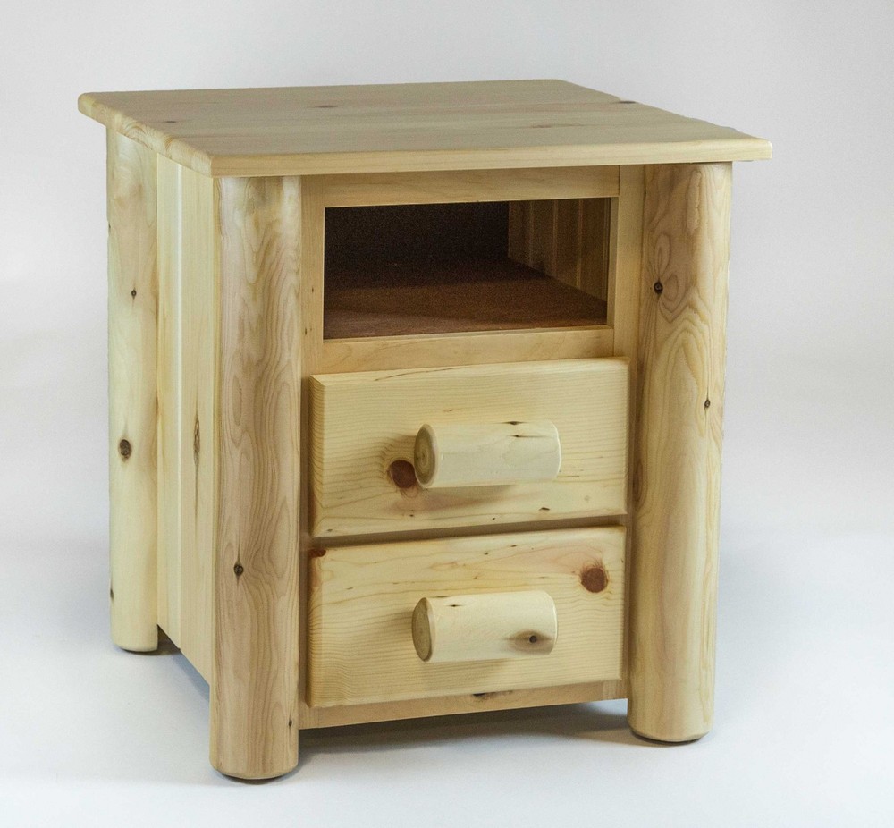 Natural Clear Finish Wood Two Drawer Nightstand