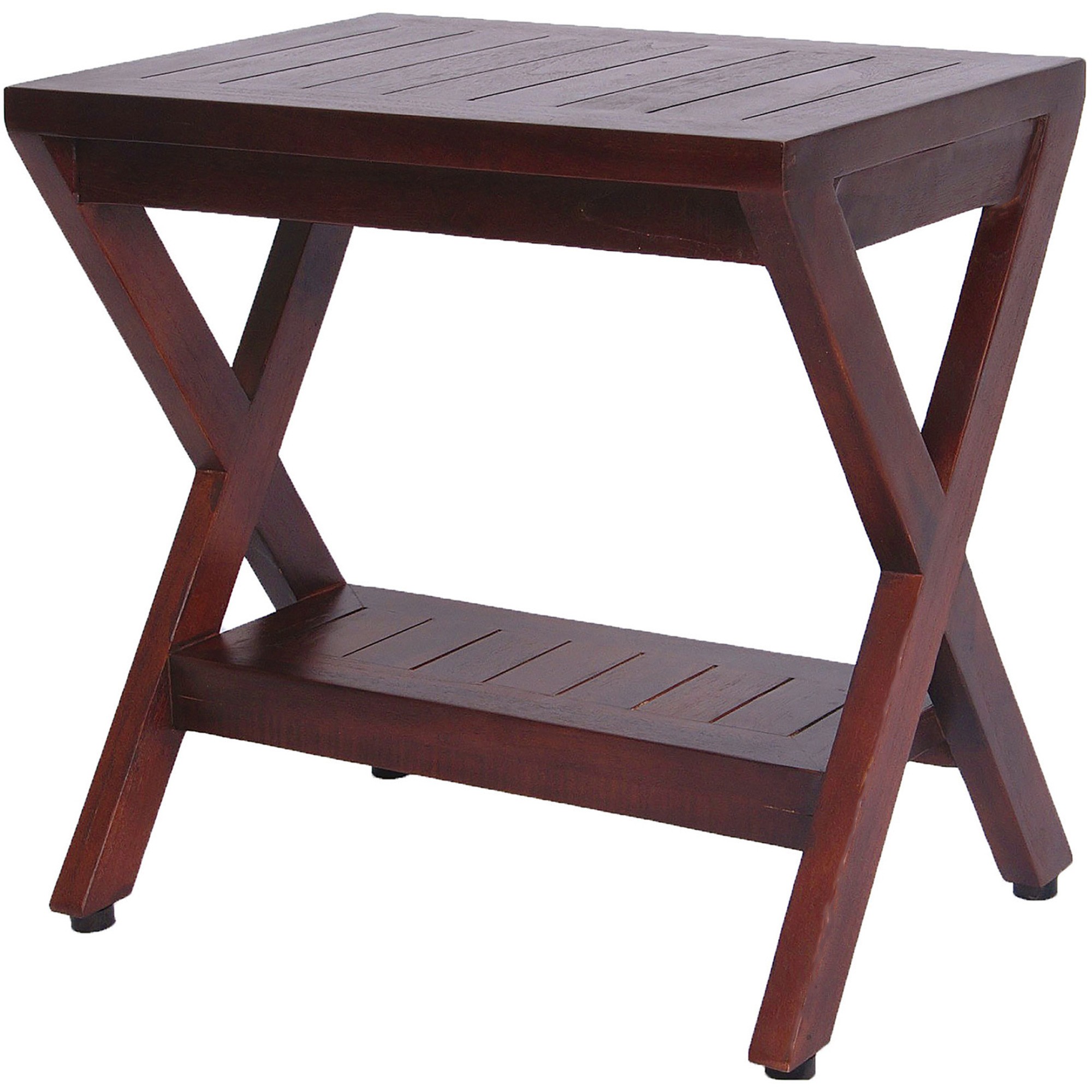 Compact X Shape Teak Shower Outdoor Bench with Shelf in Brown Finish