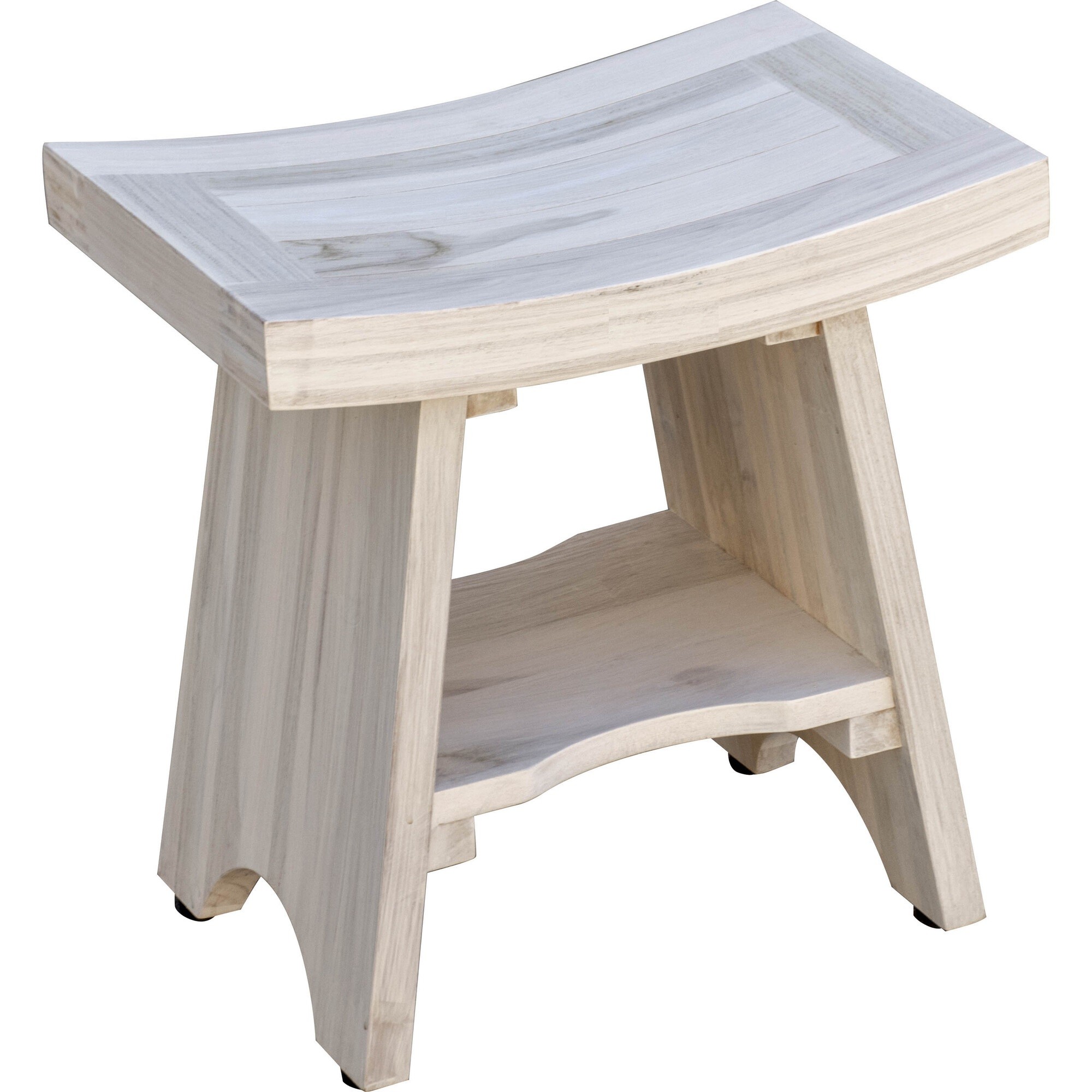 Compact Curvilinear Teak Shower Outdoor Bench with Shelf in Driftwood Finish