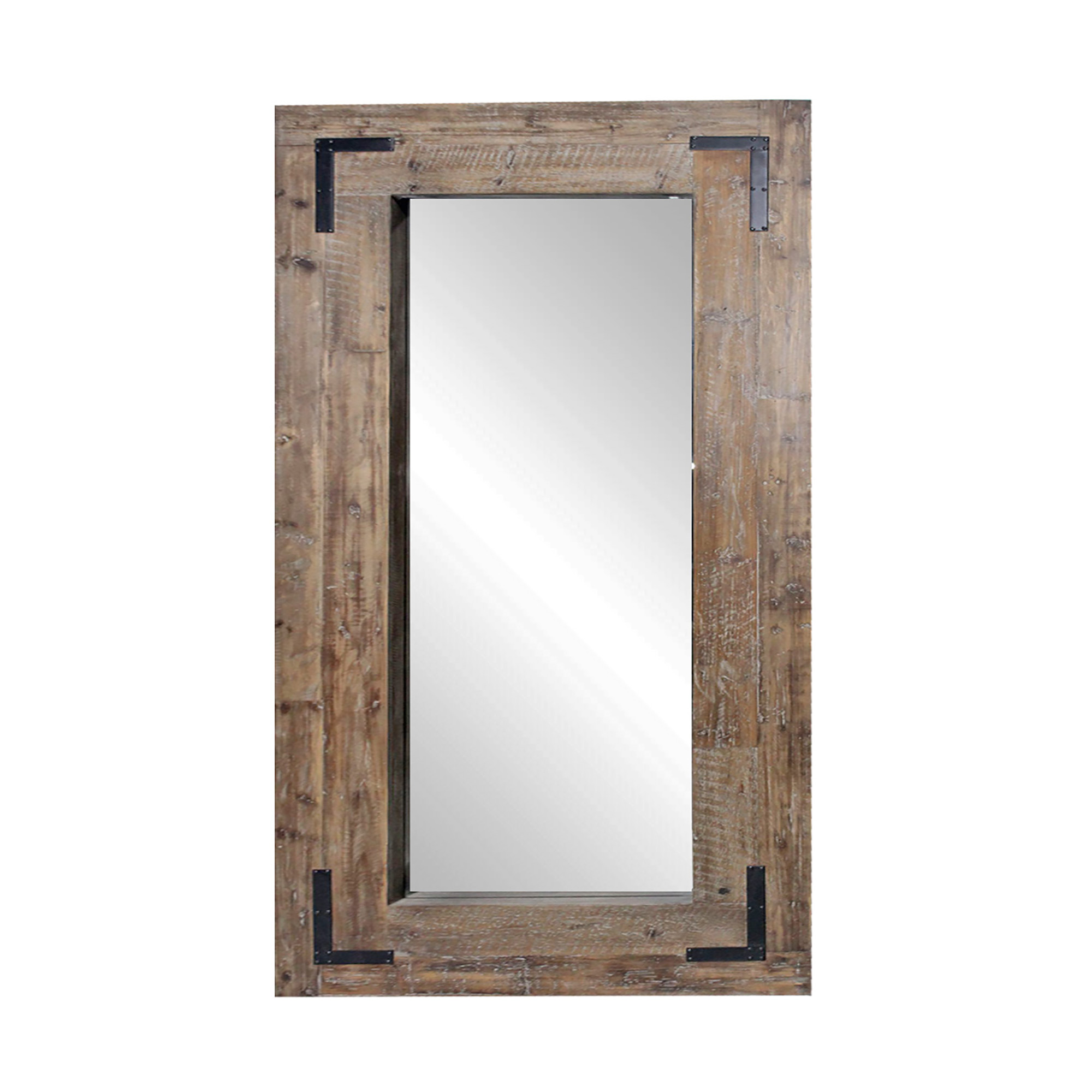 Rectangular Reclaimed Wood Finish Leaning Mirror with Black Metal Corner Accents