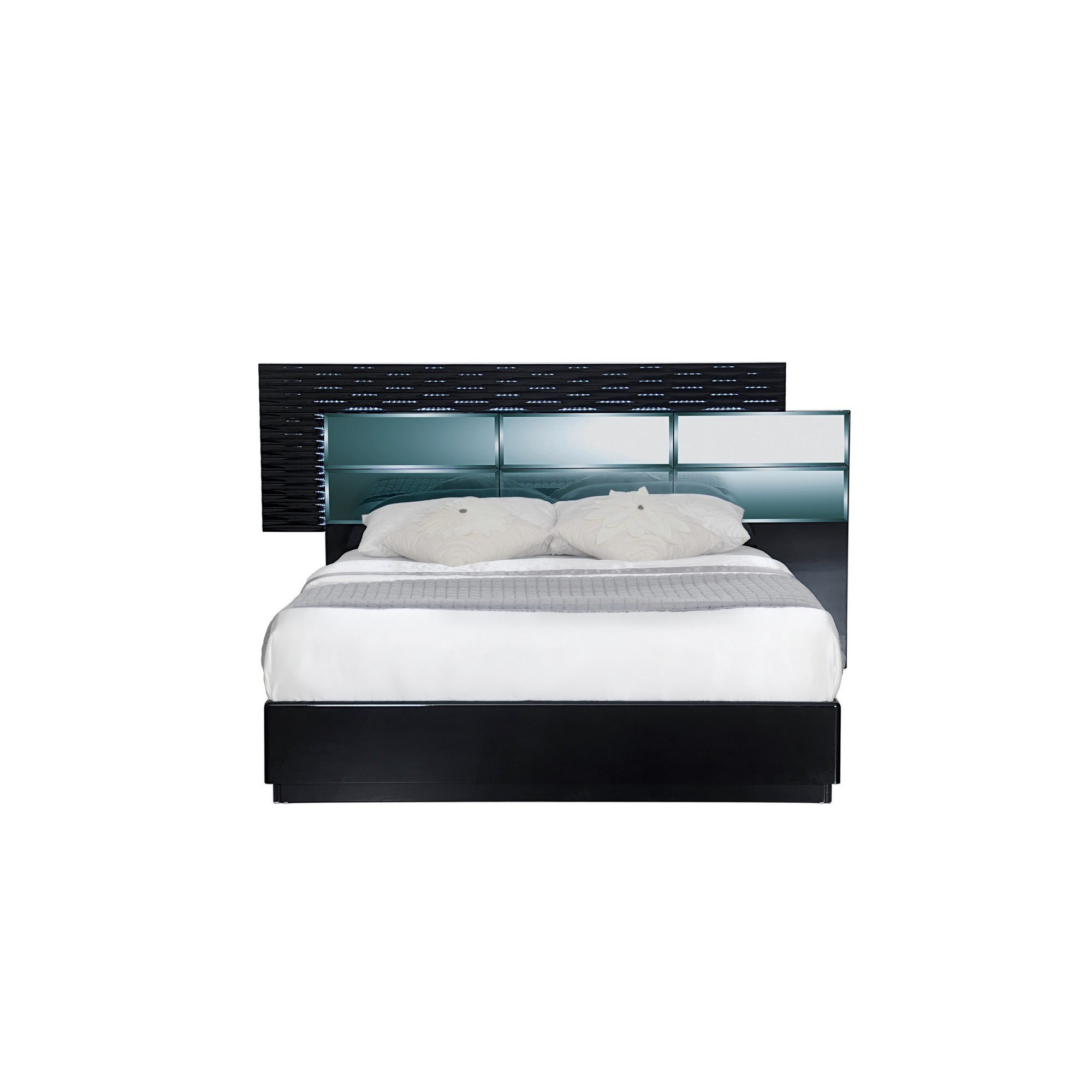 Modern Black Queen Bed with Headboard LED lightning Smoked Mirrored Panels