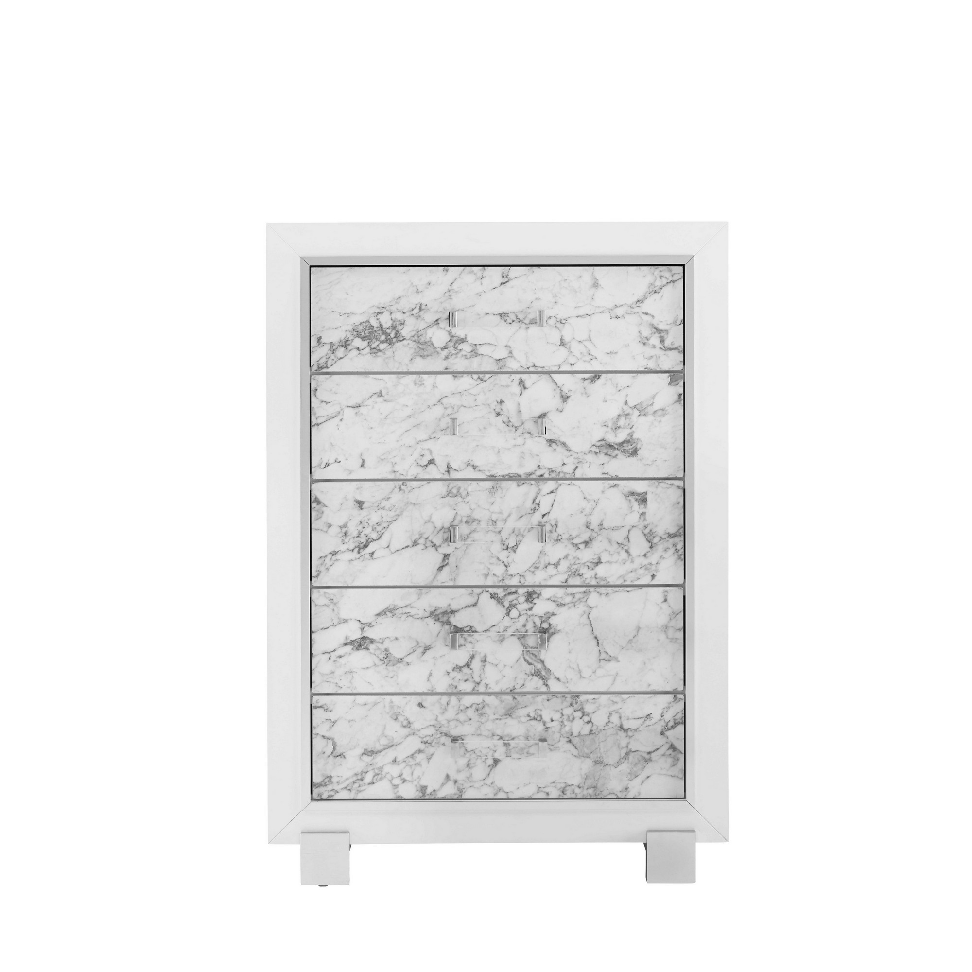 Modern White Chest with 5 Faux Marble Detailed Front Drawer