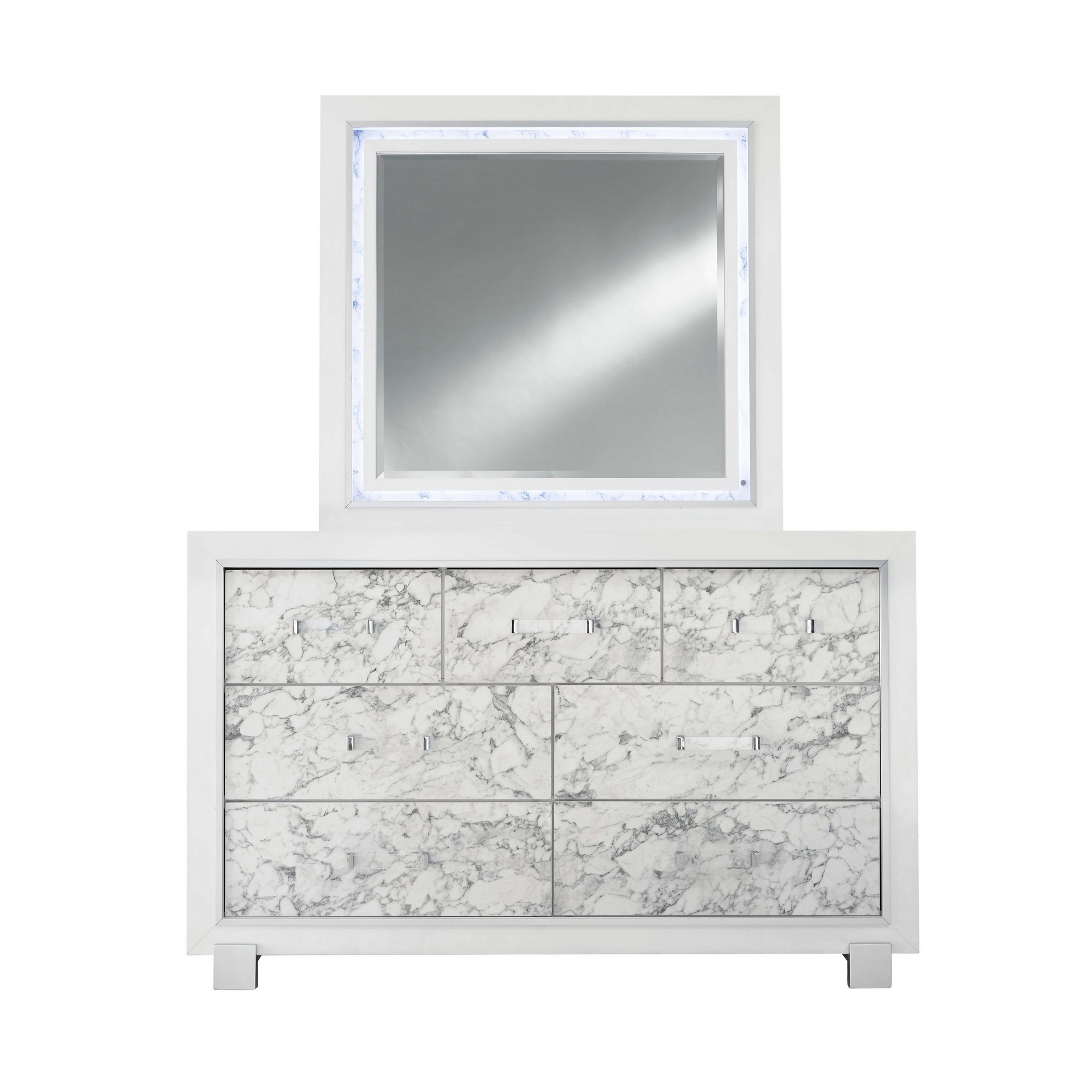 Modern White Dresser with 7 Faux Marble Detailed Front Drawer