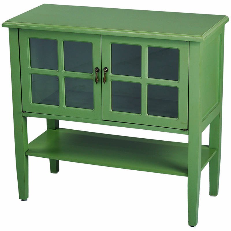 32" X 14" X 30" Green MDF Wood Clear Glass Console Cabinet with a Shelf Doors and Paned Inserts