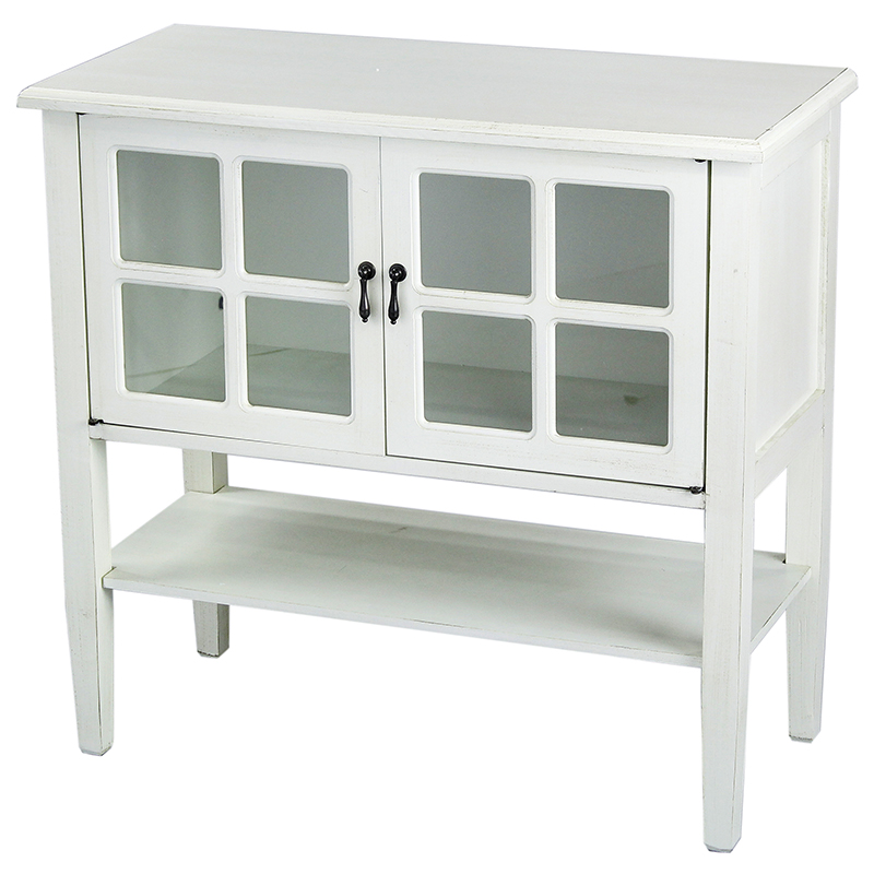 32" X 14" X 30" Antique White MDF Wood Clear Glass Console Cabinet with Doors and a Shelf