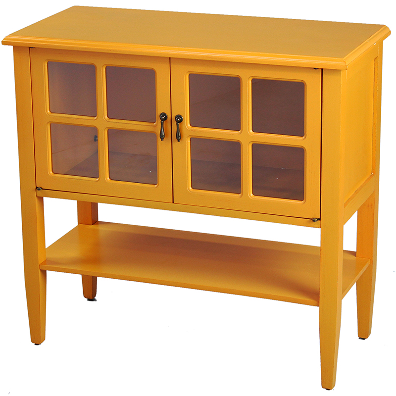 32" X 14" X 30" Orange MDF Wood Clear Glass Console Cabinet with a Shelf Doors and Paned Inserts