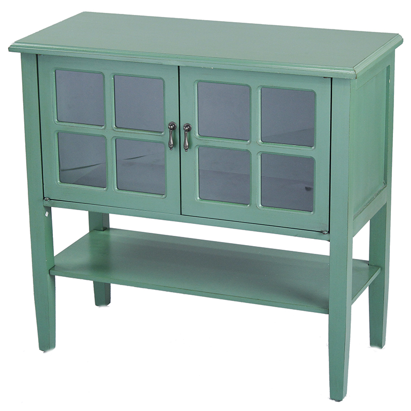 32" X 14" X 30" Dark Celadon MDF Wood Clear Glass Console Cabinet with Doors and a Shelf