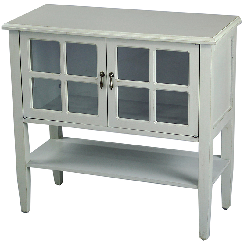 32" X 14" X 30" Light Sage MDF Wood Clear Glass Console Cabinet with Doors and a Shelf