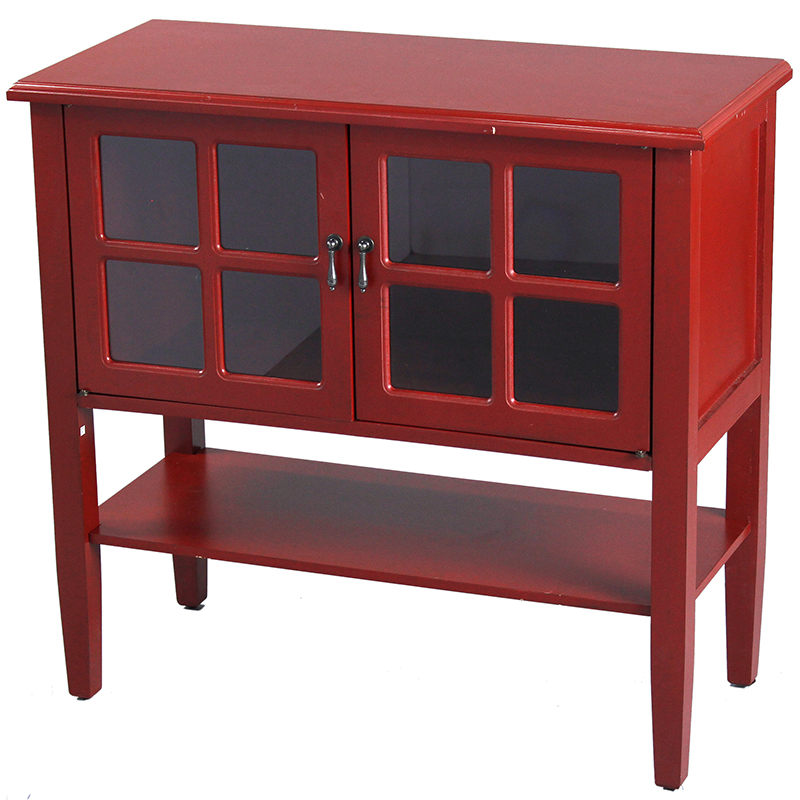 32" X 14" X 30" Red MDF Wood Clear Glass Console Cabinet with a Shelf Doors and Paned Inserts