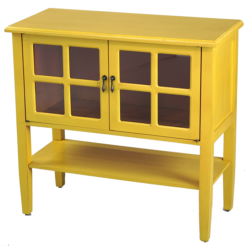 32" X 14" X 30" Yellow MDF Wood Clear Glass Console Cabinet with a Shelf Doors and Paned Inserts