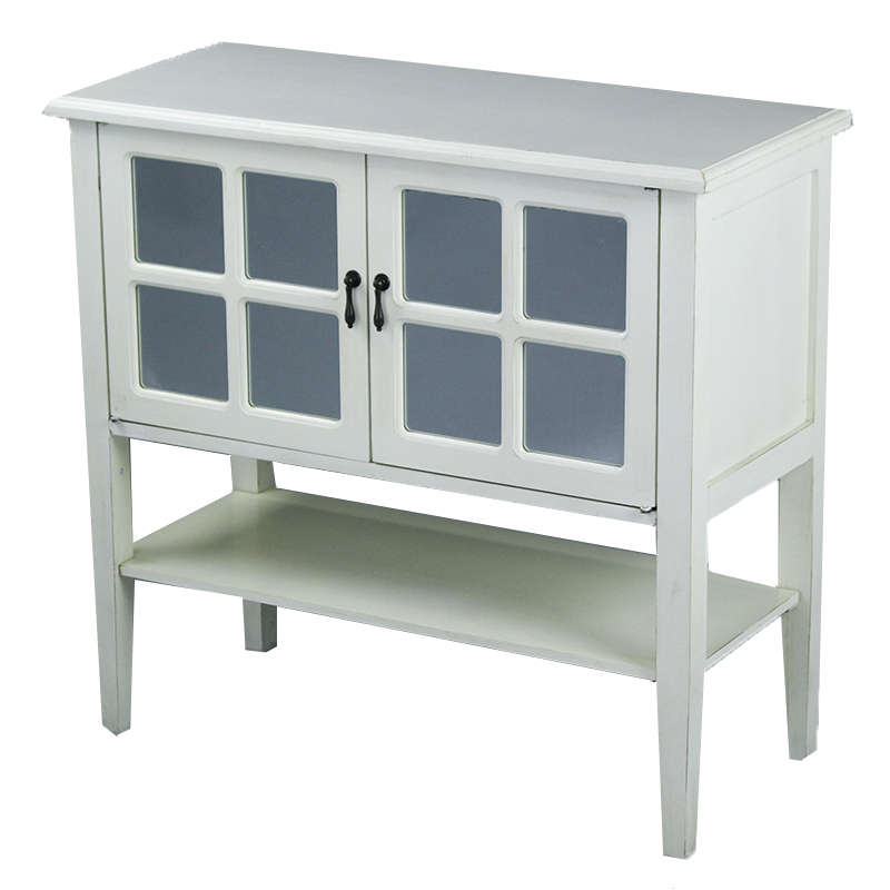 32" X 14" X 30" Antique White MDF Wood Mirrored Glass Console Cabinet with Doors and a Shelf
