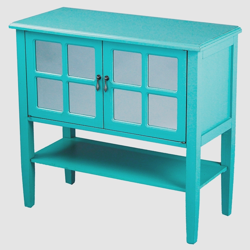 32" X 14" X 30" Turquoise MDF Wood Mirrored Glass Console Cabinet with a Shelf Doors and Paned Inserts