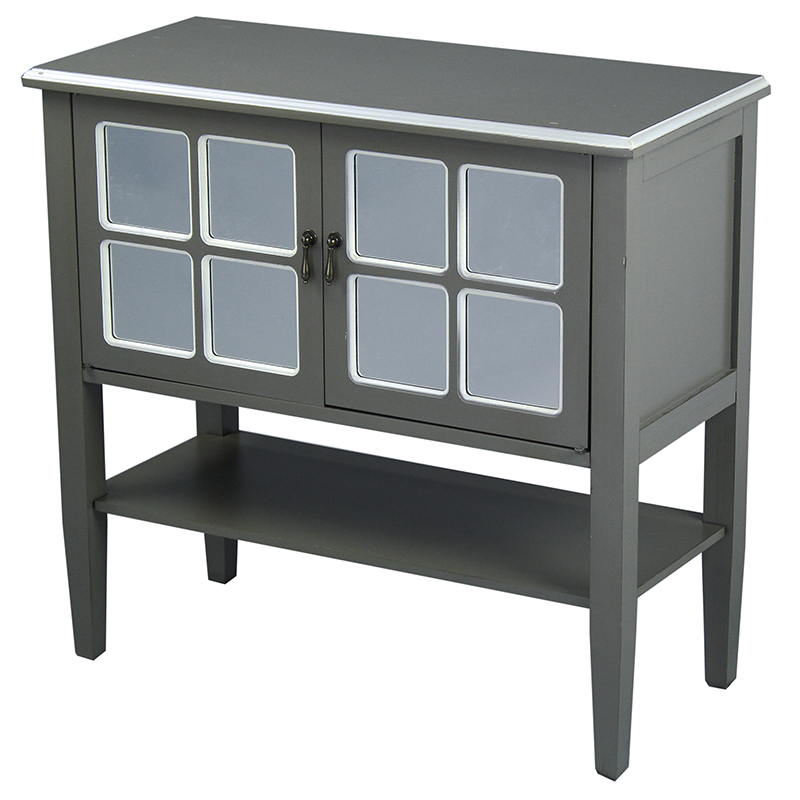 32" X 14" X 30" Gray MDF Wood Mirrored Glass Console Cabinet with a Shelf Doors and Paned Inserts