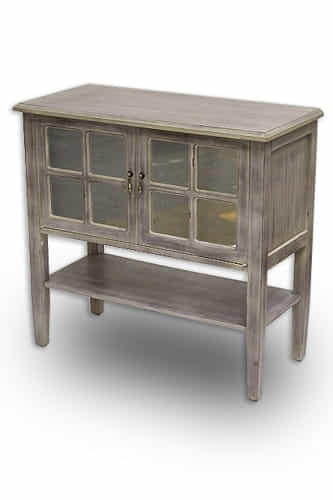 32" X 14" X 30" Gray Wash MDF Wood Mirrored Glass Console Cabinet with a Shelf Doors and Paned Inserts