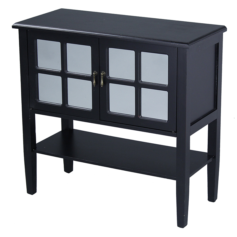 32" X 14" X 30" Black MDF Wood Mirrored Glass Console Cabinet with a Shelf Doors and Paned Inserts