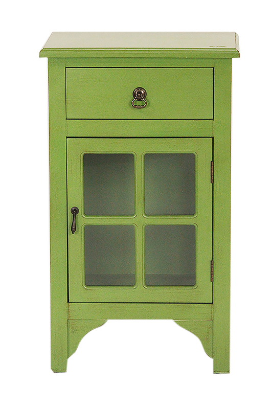 18" X 13" X 30" Green MDF Wood Clear Glass Accent Cabinet with a Drawer and Door and Paned Inserts