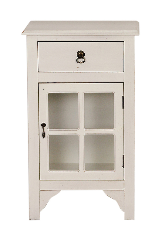 18" X 13" X 30" Antique White MDF Wood Clear Glass Cabinet with a Drawer and a Door
