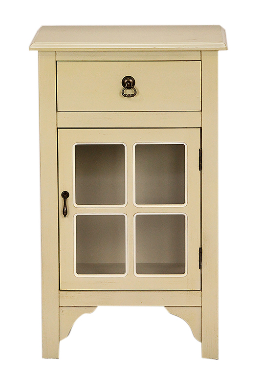 18" X 13" X 30" Beige MDF Wood Clear Glass Accent Cabinet with a Drawer and Door and Paned Inserts