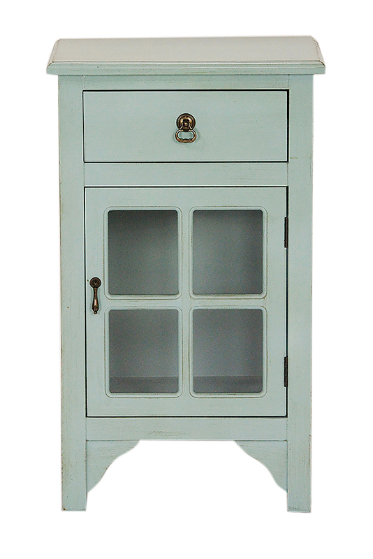 18" X 13" X 30" Aqua MDF Wood Clear Glass Accent Cabinet with a Drawer and Door and Paned Inserts