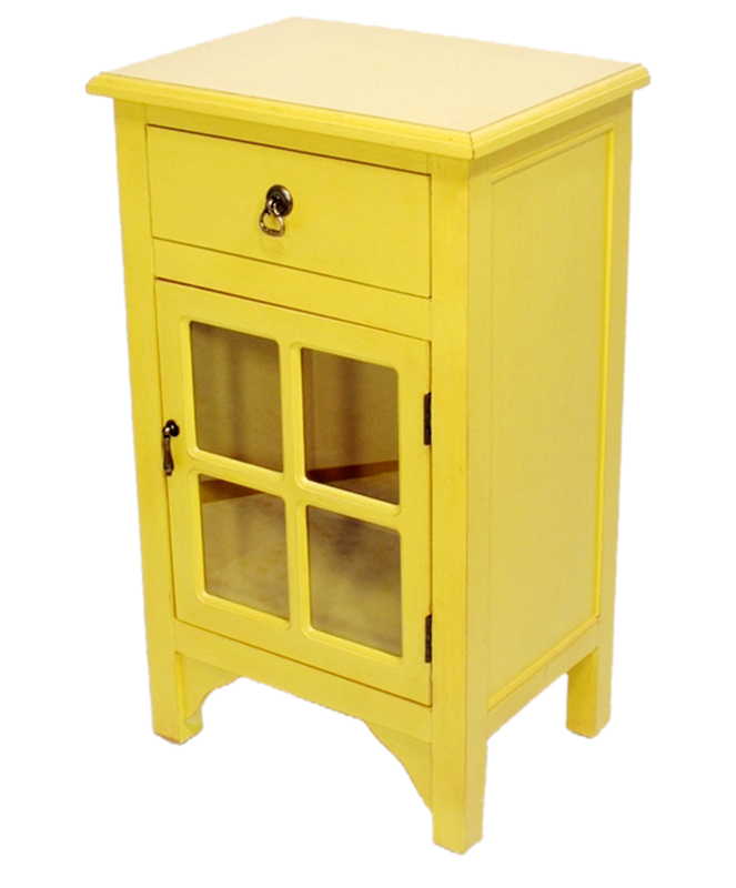 18" X 13" X 30" Yellow MDF Wood Clear Glass Accent Cabinet with a Drawer and Door and Paned Inserts
