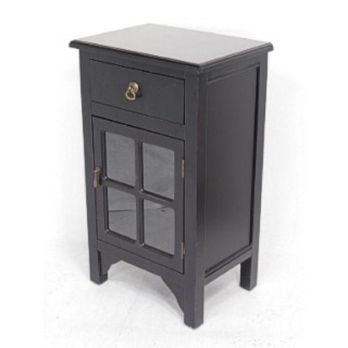 18" X 13" X 30" Black MDF Wood Clear Glass Accent Cabinet with a Drawer and Door and Paned Inserts