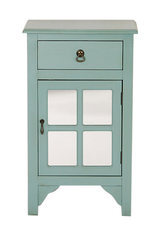 18" X 13" X 30" Aqua MDF Wood Mirrored Glass Accent Cabinet with a Drawer and Door and Paned Inserts