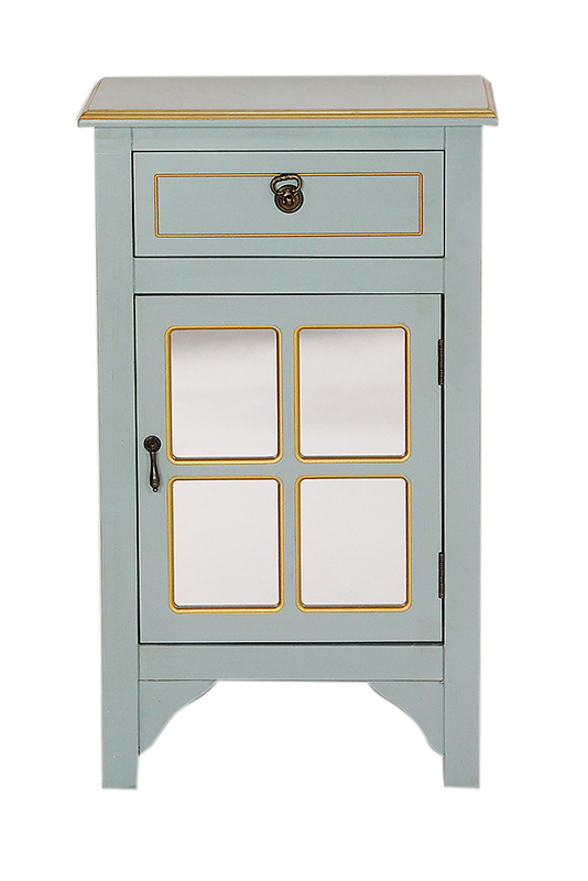 18" X 13" X 30" Light Blue W Gold MDF Wood Mirrored Glass Accent Cabinet with a Drawer and a Gold Door