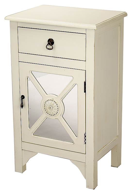 18" X 13" X 30" Antique White MDF Wood Mirrored Glass Cabinet with a Drawer and a Door