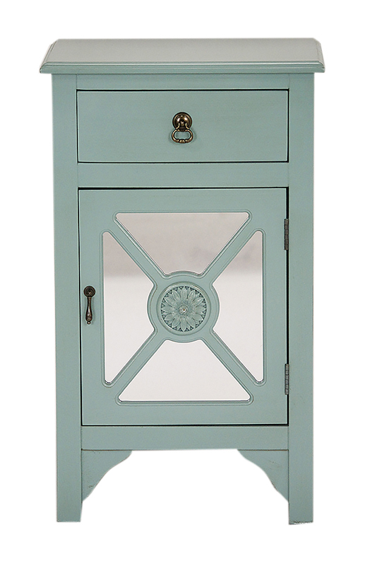 18" X 13" X 30" Turquoise MDF Wood Mirrored Glass Cabinet with a Drawer and a Door