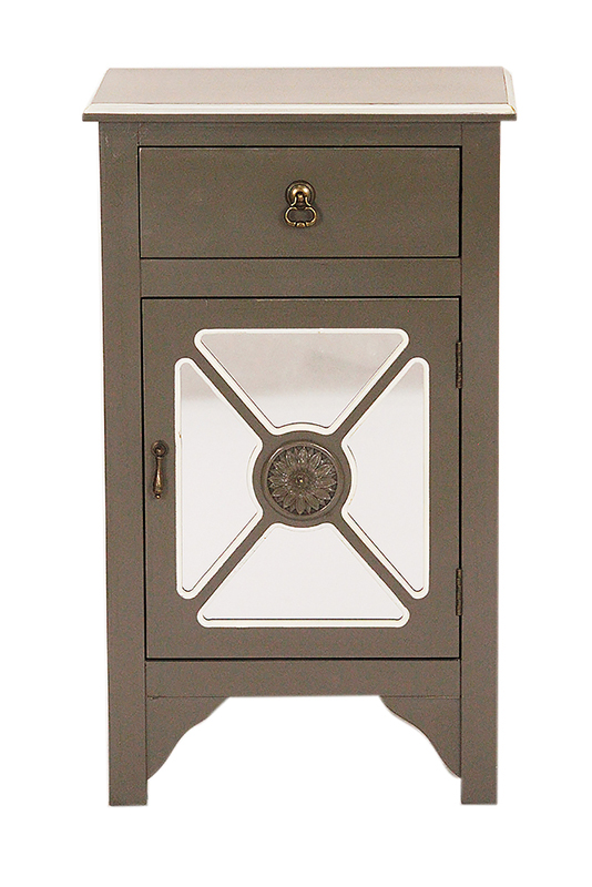 18" X 13" X 30" Gray MDF Wood Mirrored Glass Accent Cabinet with a Drawer and Door and Trellis Inserts