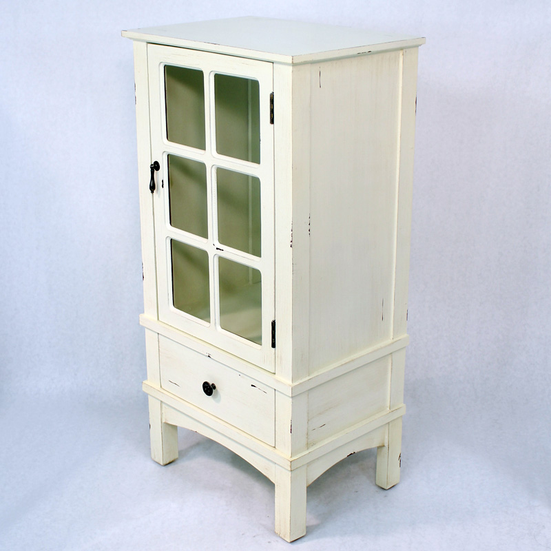 18" X 13" X 36" Antique White MDF Wood Clear Glass Accent Cabinet with a Door and a Drawer