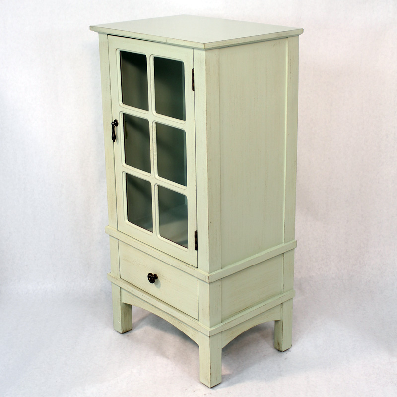 18" X 13" X 36" Light Sage MDF Wood Clear Glass Accent Cabinet with a Door and Drawer and Paned Inserts