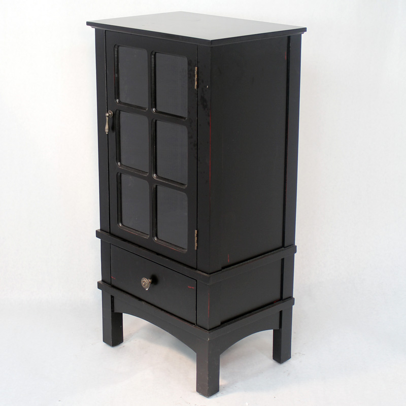 18" X 13" X 36" Black MDF Wood Clear Glass Accent Cabinet with a Door and Drawer and Paned Inserts